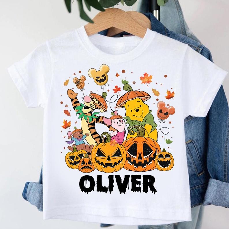 Winnie the Pooh Pumpkin Halloween Birthday Shirt Tigger Piglet Custom Name Fall Spooky Party Tee
