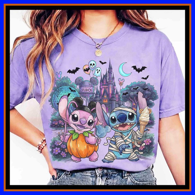 Walt Disney World Stitch & Angel Halloween Shirt, Magic Kingdom Halloween Tee, Ice Cream Snacking Team, Disneyland Spooky Season Family Q352