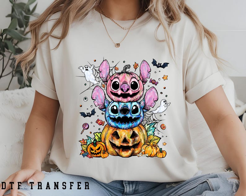 Stitch and Angel Halloween DTF Transfer, Lilo & Stitch Spooky Pumpkin Ghost Stack, Disney Halloween, Ready To Press
