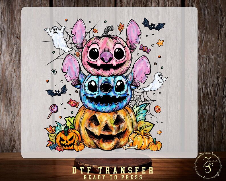 Stitch and Angel Halloween DTF Transfer, Lilo & Stitch Spooky Pumpkin Ghost Stack, Disney Halloween, Ready To Press