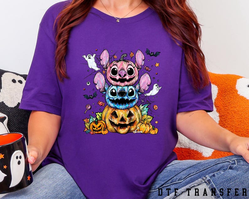 Stitch and Angel Halloween DTF Transfer, Lilo & Stitch Spooky Pumpkin Ghost Stack, Disney Halloween, Ready To Press