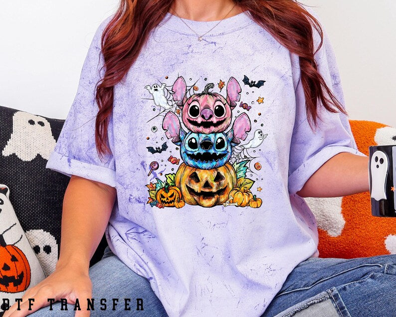 Stitch and Angel Halloween DTF Transfer, Lilo & Stitch Spooky Pumpkin Ghost Stack, Disney Halloween, Ready To Press