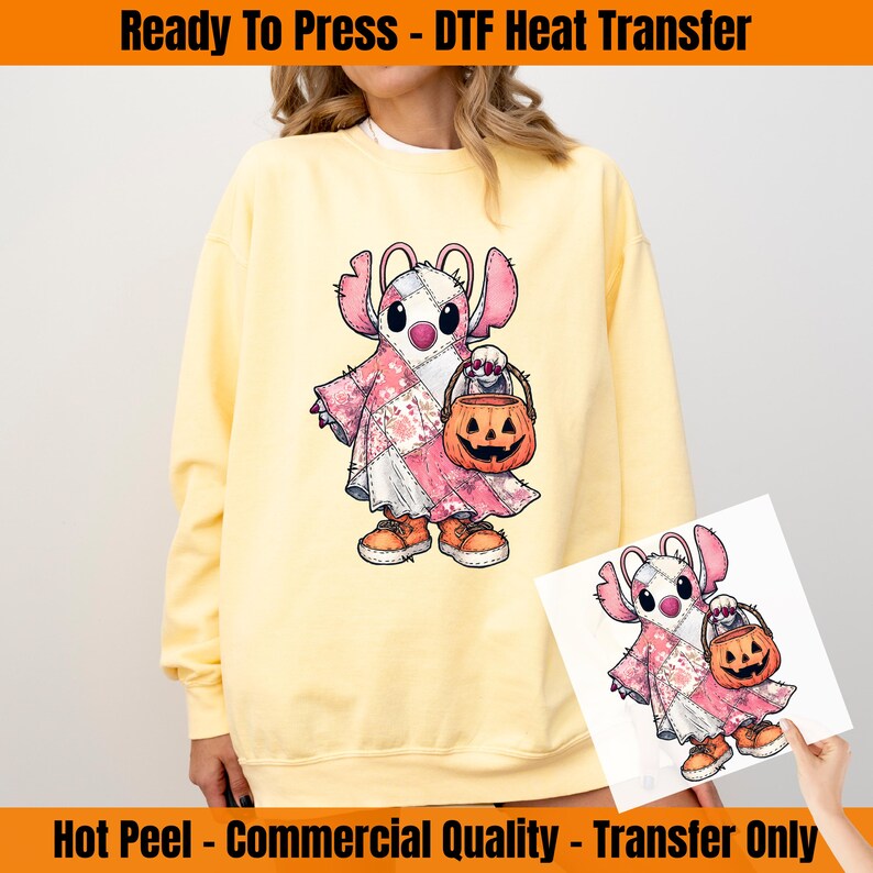 Patchwork Stitch and Angel Halloween DTF Transfer, Disney Couple Stitch Ghost Ready To Press,
