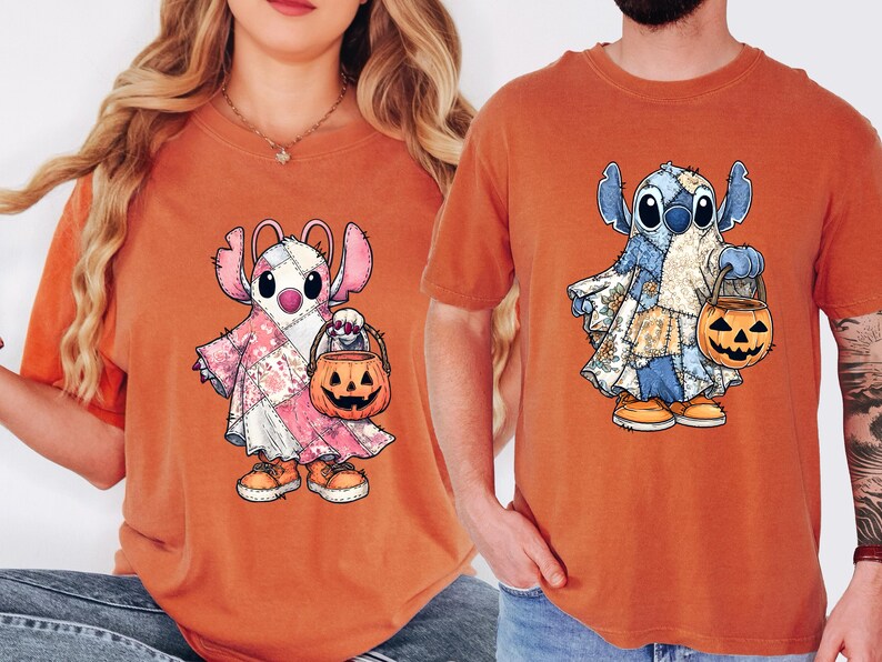 Patchwork Stitch and Angel Halloween DTF Transfer, Disney Couple Stitch Ghost Ready To Press,