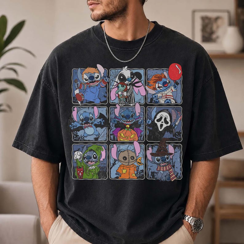Vintage Stitch Halloween Horror Collage Shirt, Spooky Cartoon Tee