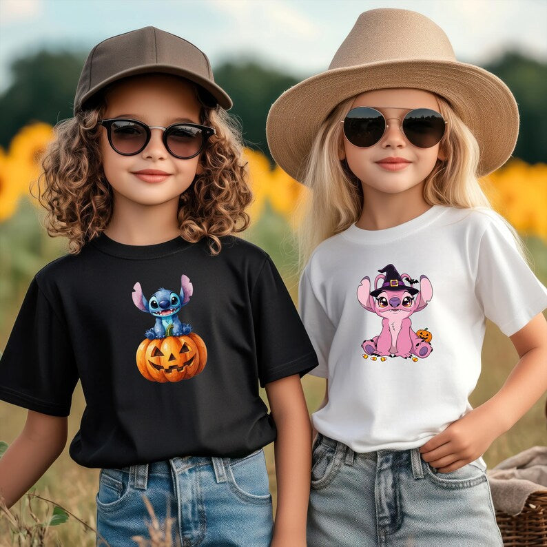 Disney-Halloween Shirts, Stitch Kids Sweater, Angel Youth Shirt, Kids Disney Fall Graphic T-Shirt