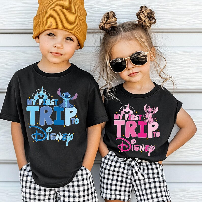 Stitch My First Trip to Disney Shirt, Stitch & Angel Kids Matching T-shirt, Disneyland Family Vacation Tee