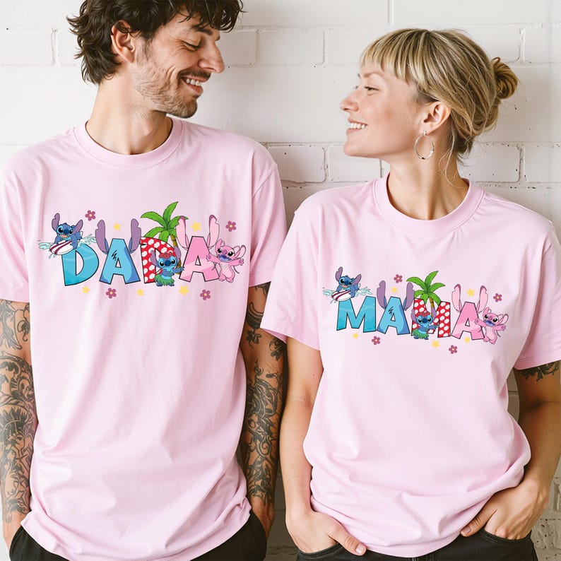 Disney Stitch & Angel Shirt, Disney Stitch Family Members T-shirt, Personalized Stitch Mama Dada Mini Tee