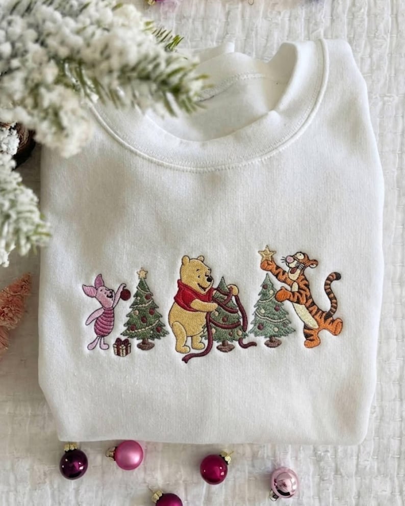 Pooh Piglet Tigger Christmas Embroidered Sweatshirt T-shirt Hoodie, Christmas Tree Crewneck, Cute Holiday Embroidery, Cozy Winter Xmas Gift