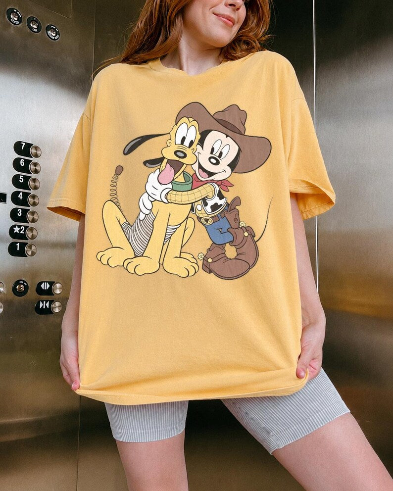 Mickey Pluto Shirt, Western Cowboy Graphic Tee, Cute Cartoon T Shirt, Vintage Style Shirt, Women’s Casual Tee, Gift for Cartoon Fans
