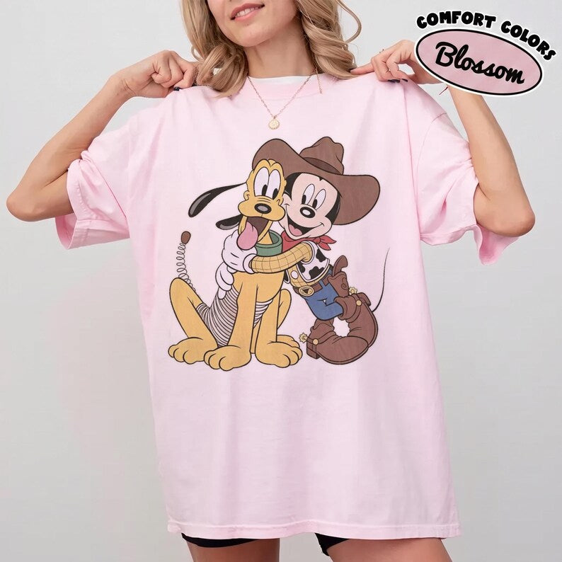 Mickey Pluto Shirt, Western Cowboy Graphic Tee, Cute Cartoon T Shirt, Vintage Style Shirt, Women’s Casual Tee, Gift for Cartoon Fans