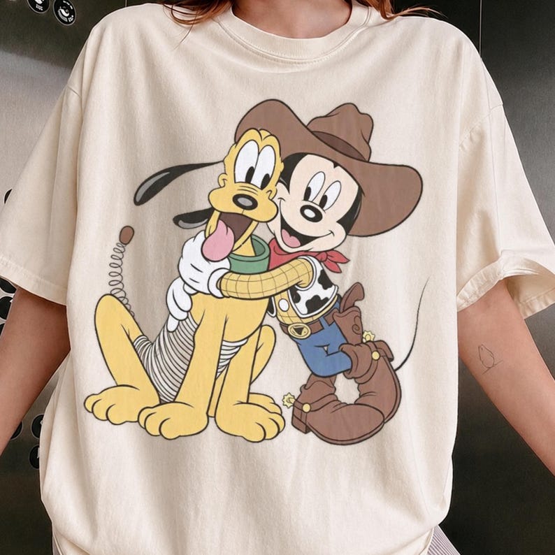 Mickey Pluto Shirt, Western Cowboy Graphic Tee, Cute Cartoon T Shirt, Vintage Style Shirt, Women’s Casual Tee, Gift for Cartoon Fans
