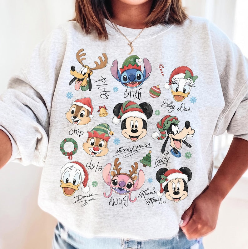 Comfort Colors Retro Disney Mickey and Friends Signatures Christmas Shirt, Stitch Chip n Dale Santa Christmas Tee, WDW Christmas Trip Shirt