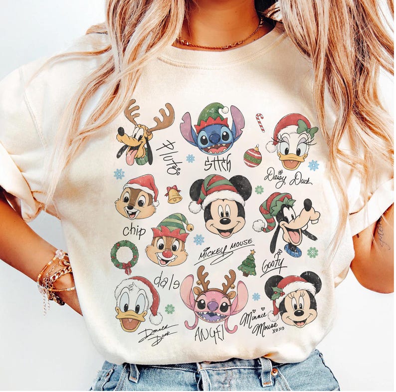 Comfort Colors Retro Disney Mickey and Friends Signatures Christmas Shirt, Stitch Chip n Dale Santa Christmas Tee, WDW Christmas Trip Shirt