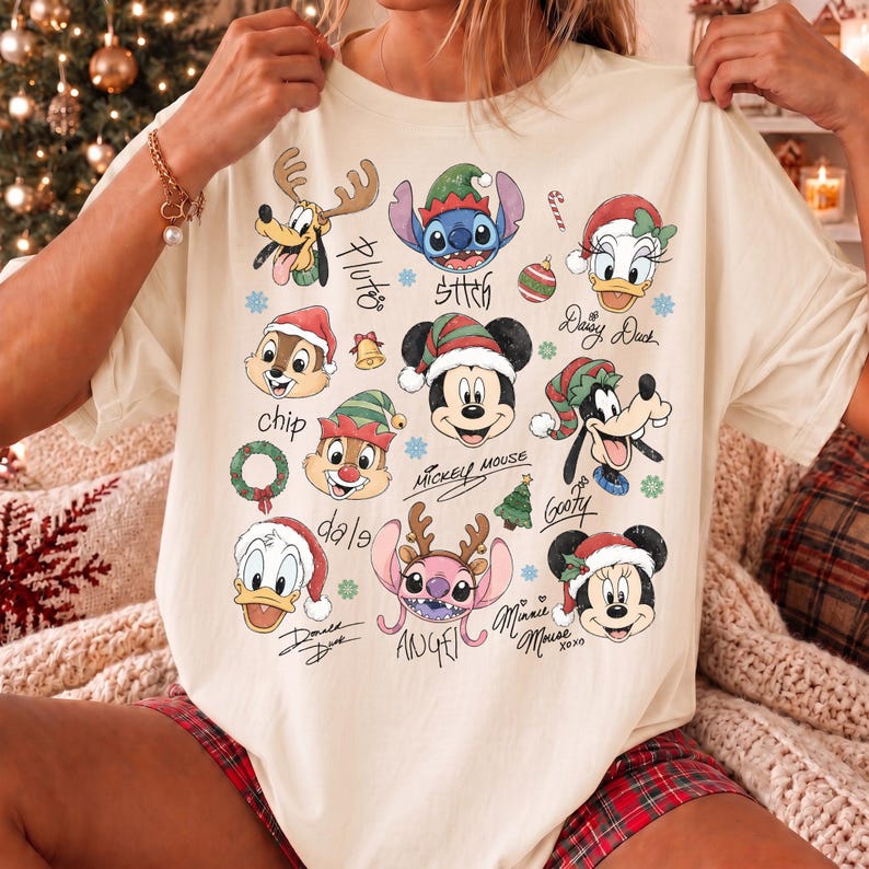 Comfort Colors Retro Disney Mickey and Friends Signatures Christmas Shirt, Stitch Chip n Dale Santa Christmas Tee, WDW Christmas Trip Shirt