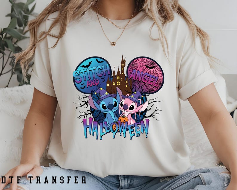Stitch and Angel Halloween DTF Transfer, Disney Halloween, Ready To Press
