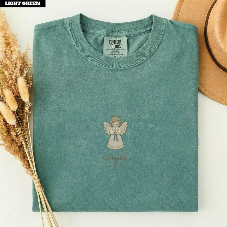 Angel Christian Christmas Shirt Women, Luke 2 9 Bible Tee, Faux Embroidered Keepsake, Nativity Gift, Comfort Colors©