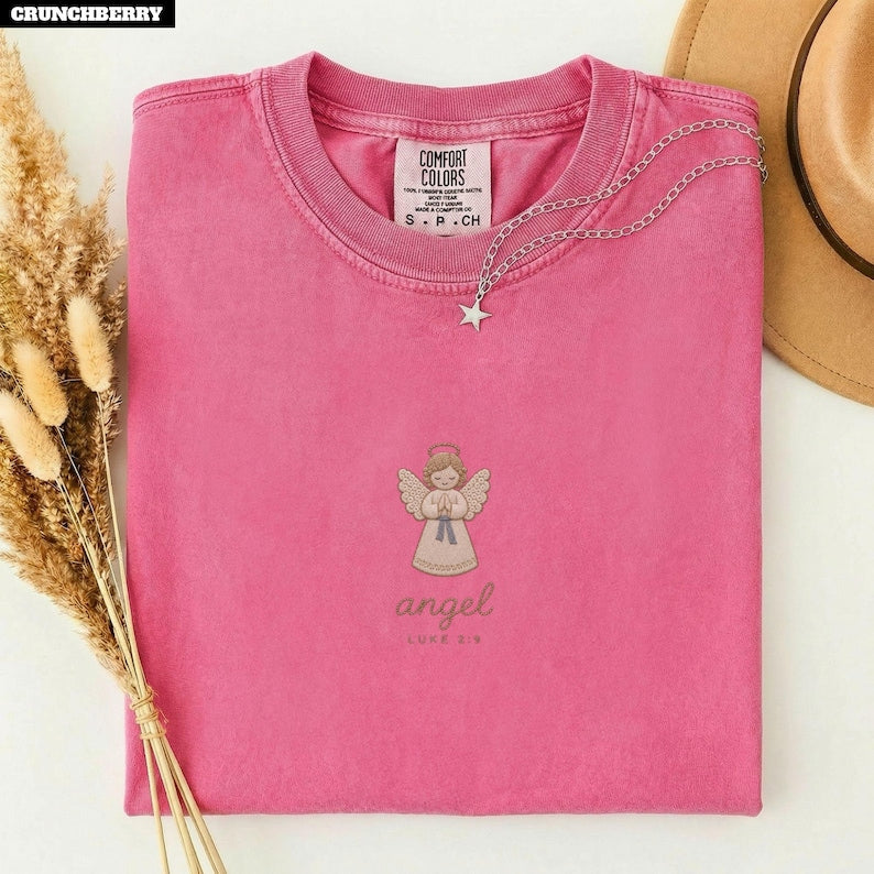 Angel Christian Christmas Shirt Women, Luke 2 9 Bible Tee, Faux Embroidered Keepsake, Nativity Gift, Comfort Colors©