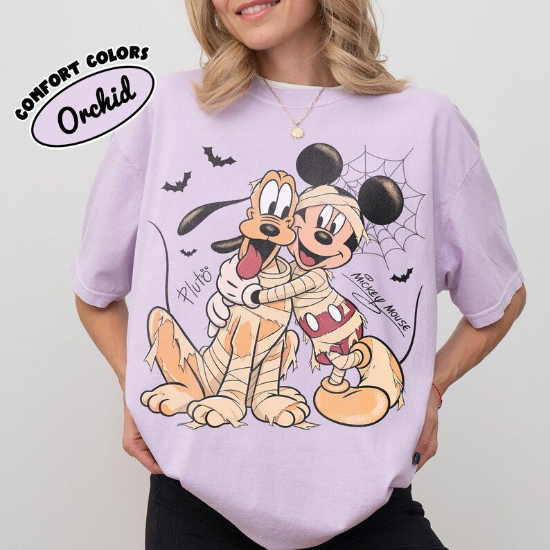 Comfort Colors® Retro Mickey And Pluto Signatures Halloween Shirt, Disney Spooky Season Tee, Disneyland Family Trip 2026, Mickey & Co Gift