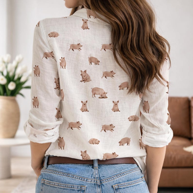 Cute Pig Pattern Blouse, Watercolor Piglet Print Button Down Shirt, Farm Animal Tops, Cute Pig Lover Gift, Casual Summer  Shirt