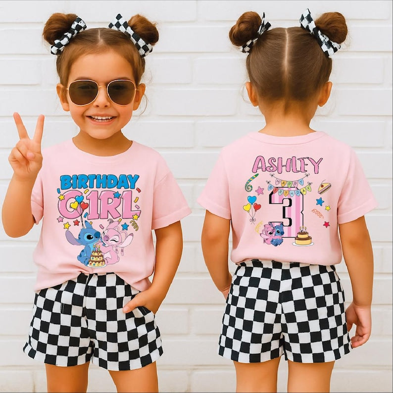 Stitch Birthday Girl Youth Shirt, Personalized Name Age Toddler, Disney Birthday Shirt, Stitch and Angel Birthday Tee,BP