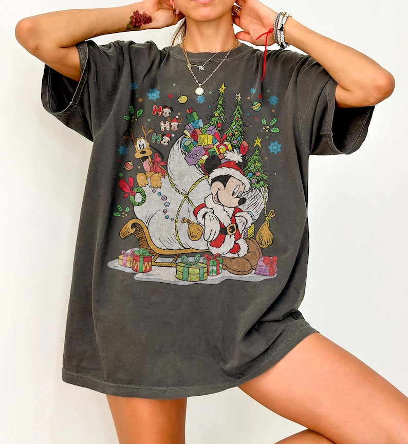 Disney Vintage Mickey and Pluto Santa Christmas Tree Shirt, Ho Ho Ho Christmas Mickey and Friends Shirt, Disneyland Holiday Trip Family Tee