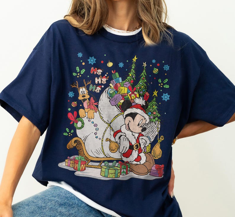 Disney Vintage Mickey and Pluto Santa Christmas Tree Shirt, Ho Ho Ho Christmas Mickey and Friends Shirt, Disneyland Holiday Trip Family Tee