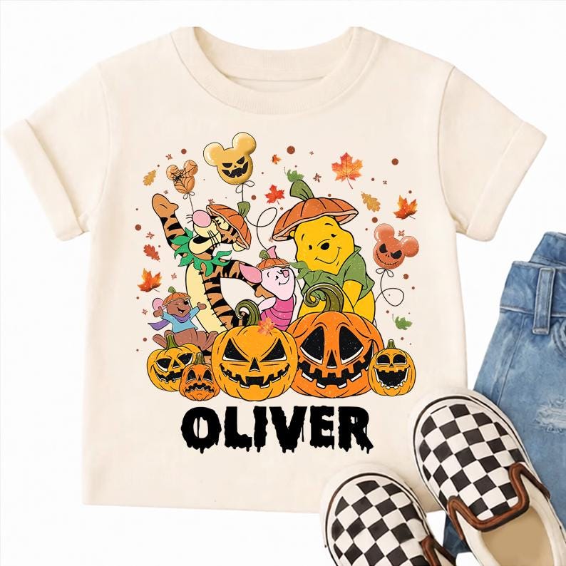Winnie the Pooh Pumpkin Halloween Birthday Shirt Tigger Piglet Custom Name Fall Spooky Party Tee