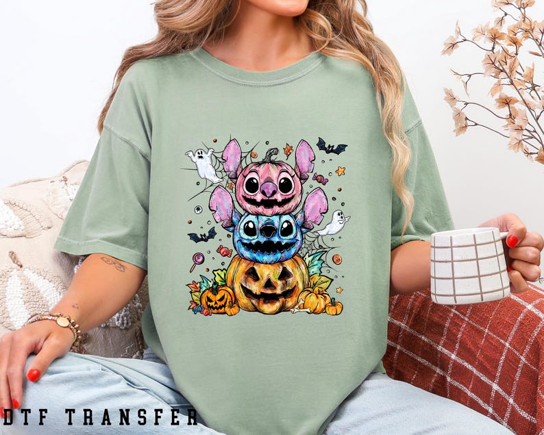 Stitch and Angel Halloween DTF Transfer, Lilo & Stitch Spooky Pumpkin Ghost Stack, Disney Halloween, Ready To Press