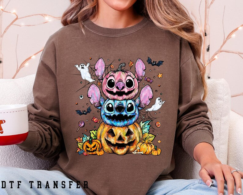 Stitch and Angel Halloween DTF Transfer, Lilo & Stitch Spooky Pumpkin Ghost Stack, Disney Halloween, Ready To Press
