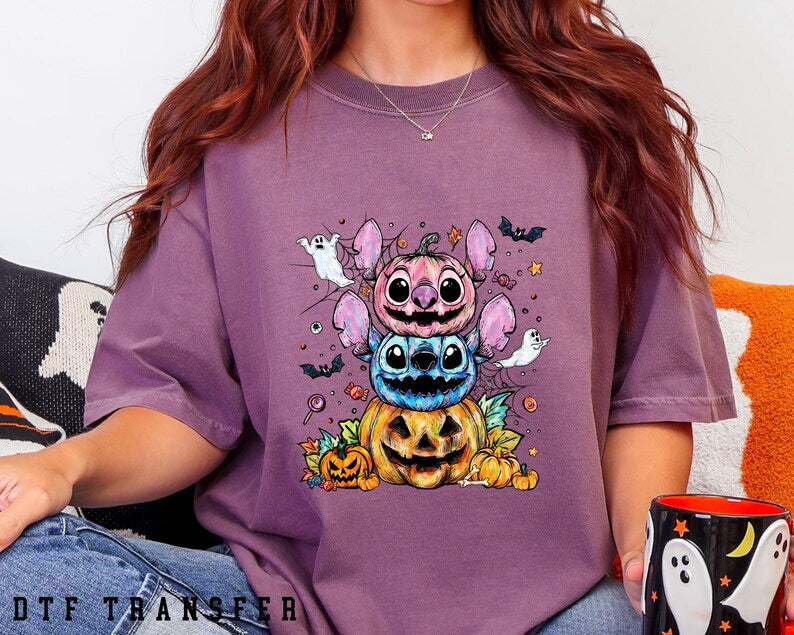 Stitch and Angel Halloween DTF Transfer, Lilo & Stitch Spooky Pumpkin Ghost Stack, Disney Halloween, Ready To Press