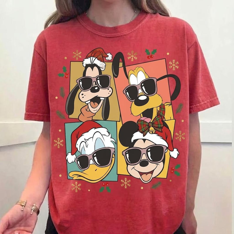 Disney Christmas Shirt, Retro Mickey and Friends Holiday Tee, Cute Mickey Donald Pluto Goofy Sunglasses Comfort Colors T-Shirt