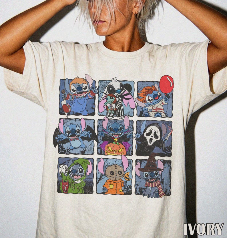 Vintage Stitch Halloween Horror Collage Shirt, Spooky Cartoon Tee