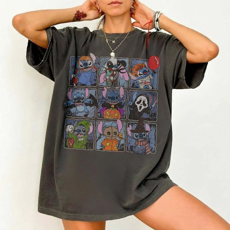 Vintage Stitch Halloween Horror Collage Shirt, Spooky Cartoon Tee