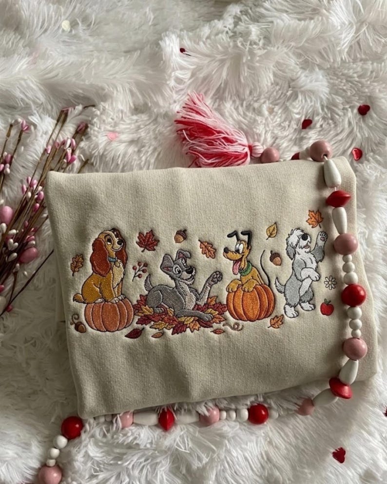Disney Dogs Fall Embroidered Sweatshirt T-shirt Hoodie, Lady Tramp Pluto Max Autumn Crewneck, Pumpkin Dog Embroidery, Disney Fall Gift