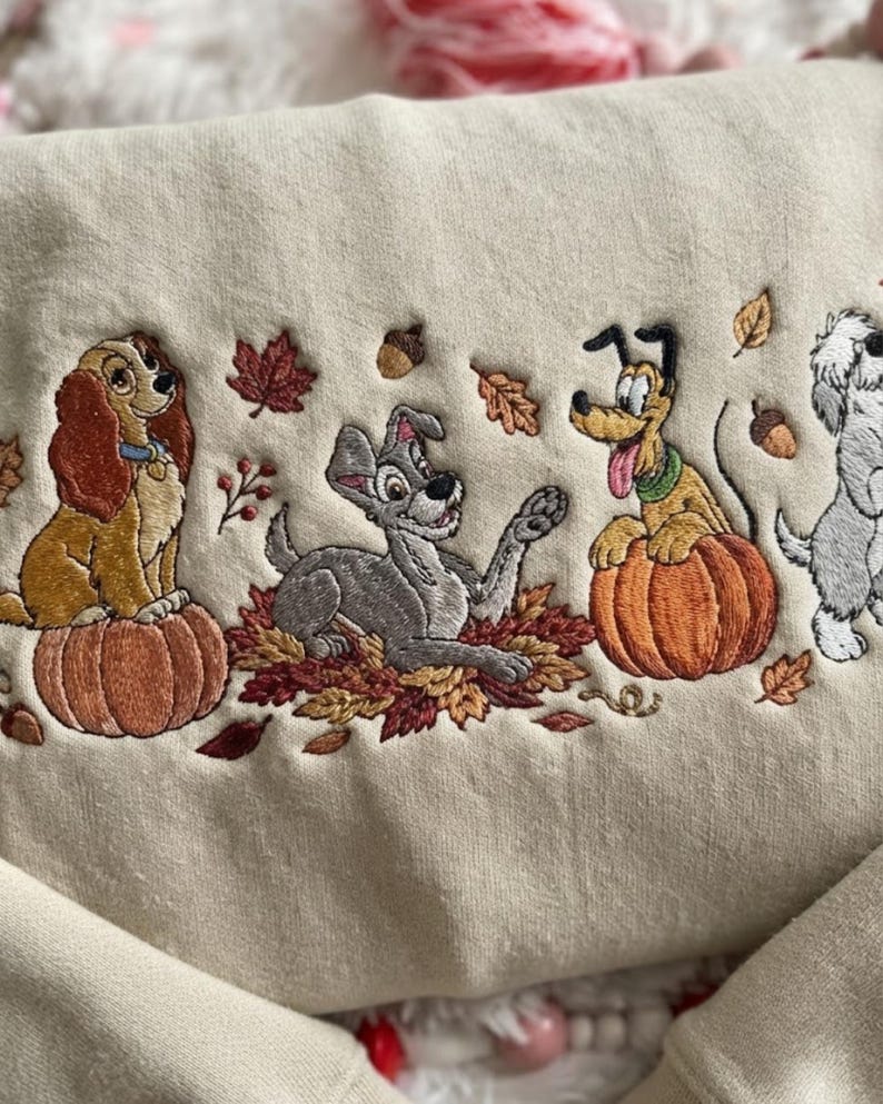 Disney Dogs Fall Embroidered Sweatshirt T-shirt Hoodie, Lady Tramp Pluto Max Autumn Crewneck, Pumpkin Dog Embroidery, Disney Fall Gift