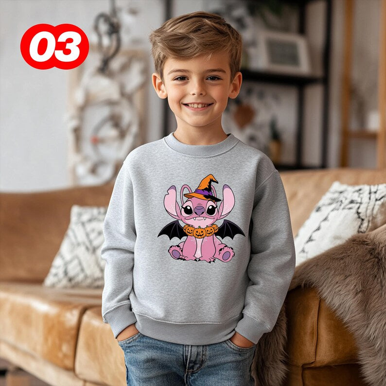 Disney-Halloween Shirts, Stitch Kids Sweater, Angel Youth Shirt, Kids Disney Fall Graphic T-Shirt