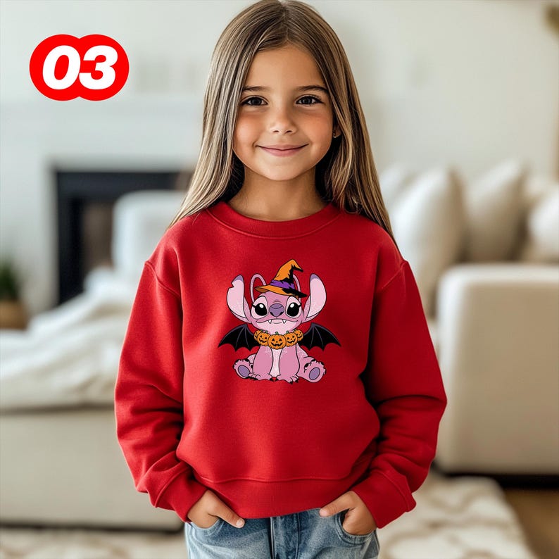 Disney-Halloween Shirts, Stitch Kids Sweater, Angel Youth Shirt, Kids Disney Fall Graphic T-Shirt