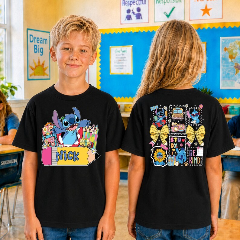 Custom Stitch & Angel Back to School Shirt, Disney Coquette Bow Pencil Kids T-shirt, Stitch First Day of School Tee