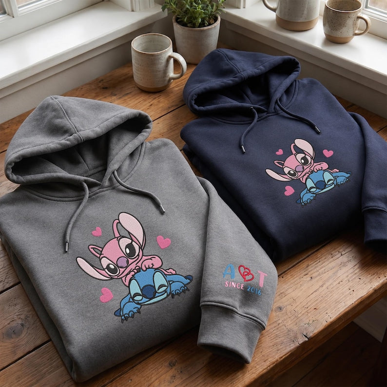 Stitch And Angel Embroidered Sweatshirt, Custom Name Embroidery Hoodie, Stitch Lover Sweater, Matching Couple, Personalized Year, Gifts