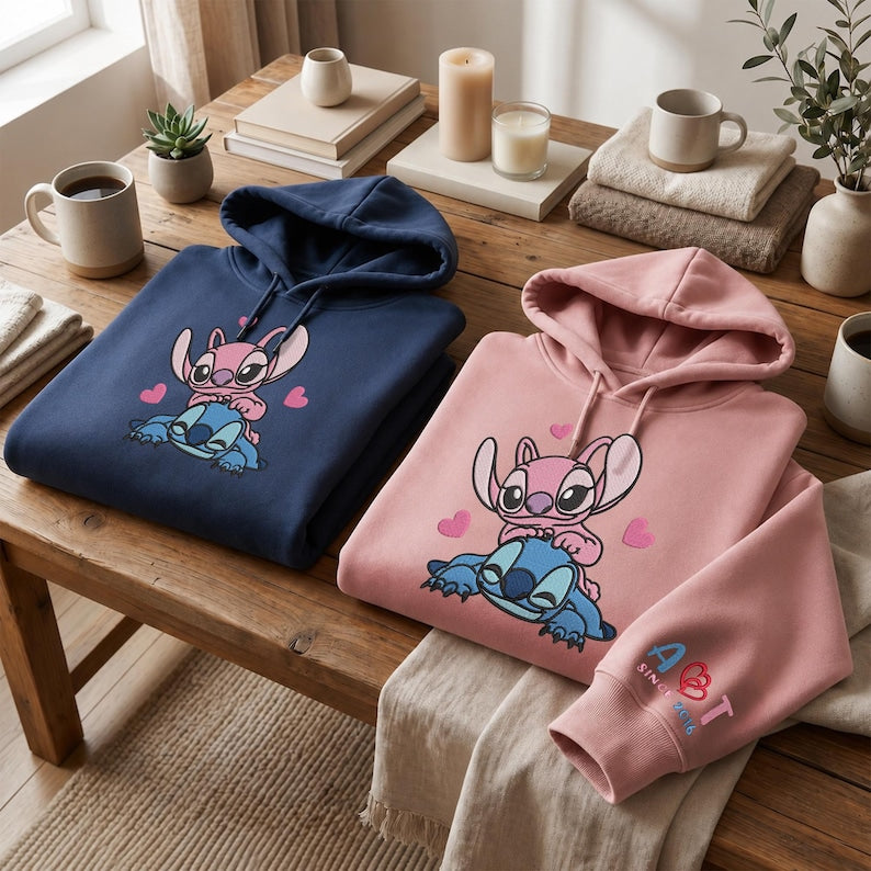 Stitch And Angel Embroidered Sweatshirt, Custom Name Embroidery Hoodie, Stitch Lover Sweater, Matching Couple, Personalized Year, Gifts