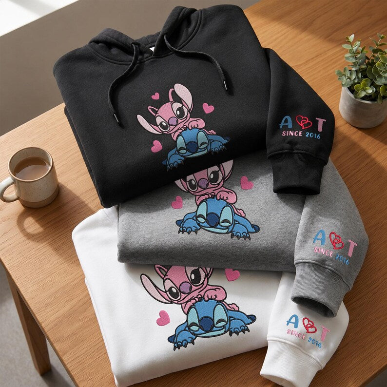Stitch And Angel Embroidered Sweatshirt, Custom Name Embroidery Hoodie, Stitch Lover Sweater, Matching Couple, Personalized Year, Gifts