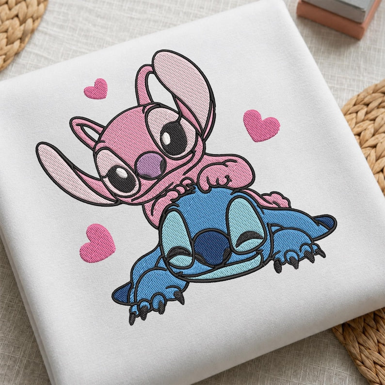 Stitch And Angel Embroidered Sweatshirt, Custom Name Embroidery Hoodie, Stitch Lover Sweater, Matching Couple, Personalized Year, Gifts