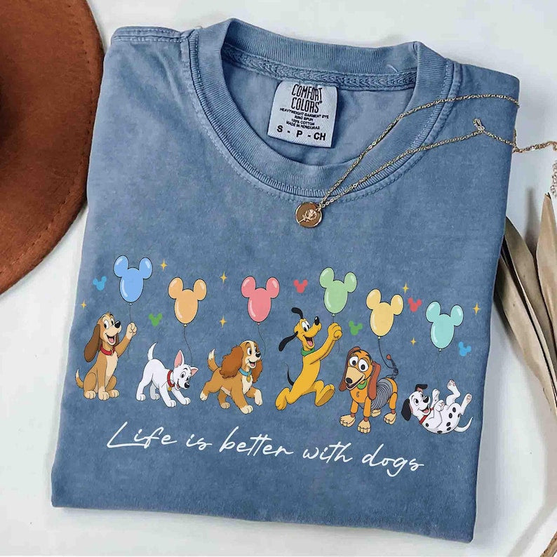 Disney Dogs All Characters Comfort Color Shirt, Disney Dog Shirt, Pluto Slinky Lady Tramp Disney Puppy Balloons Tee, Disney Pet Lovers Dogs