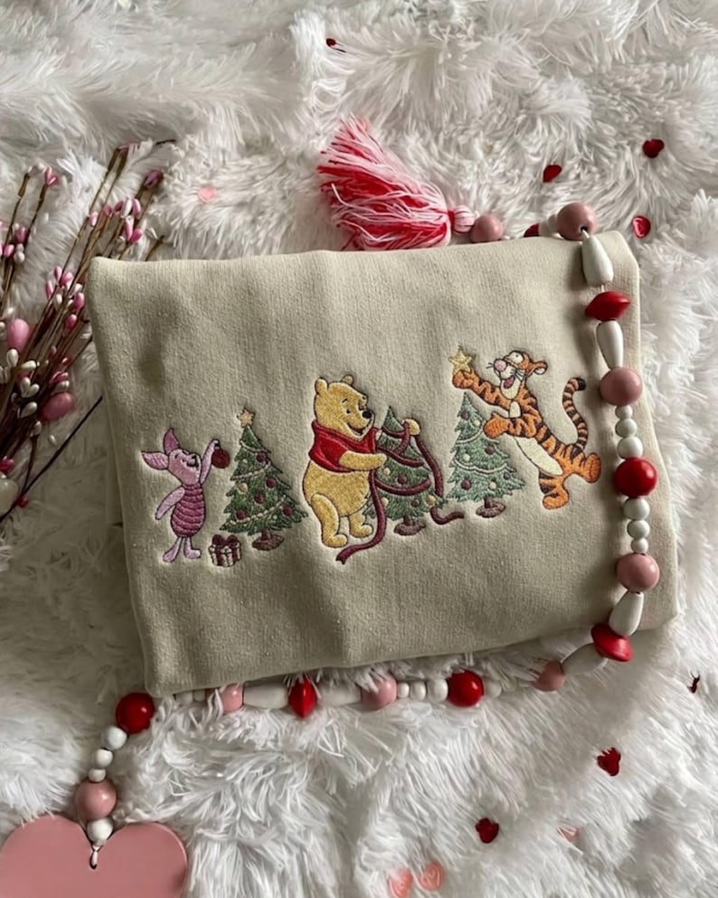 Pooh Piglet Tigger Christmas Embroidered Sweatshirt T-shirt Hoodie, Christmas Tree Crewneck, Cute Holiday Embroidery, Cozy Winter Xmas Gift