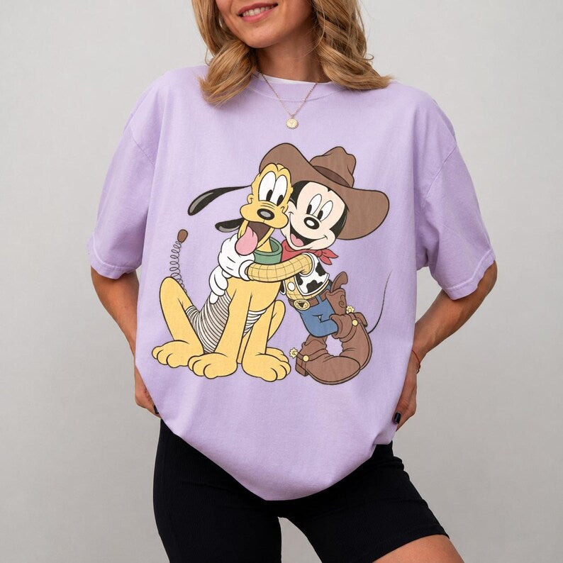 Mickey Pluto Shirt, Western Cowboy Graphic Tee, Cute Cartoon T Shirt, Vintage Style Shirt, Women’s Casual Tee, Gift for Cartoon Fans