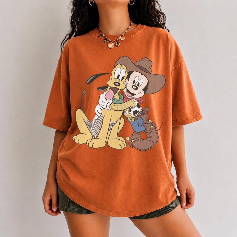 Mickey Pluto Shirt, Western Cowboy Graphic Tee, Cute Cartoon T Shirt, Vintage Style Shirt, Women’s Casual Tee, Gift for Cartoon Fans
