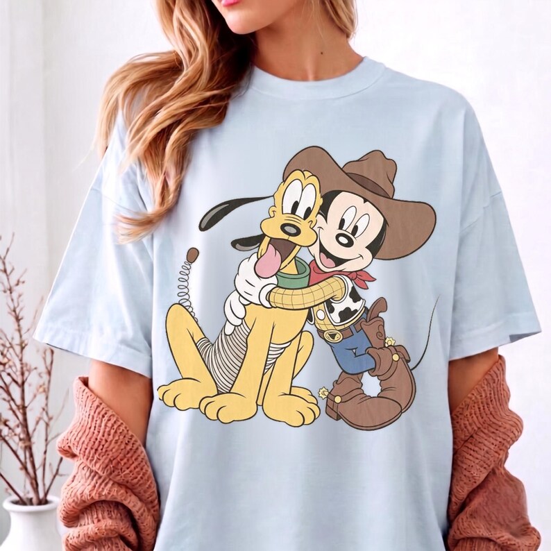 Mickey Pluto Shirt, Western Cowboy Graphic Tee, Cute Cartoon T Shirt, Vintage Style Shirt, Women’s Casual Tee, Gift for Cartoon Fans