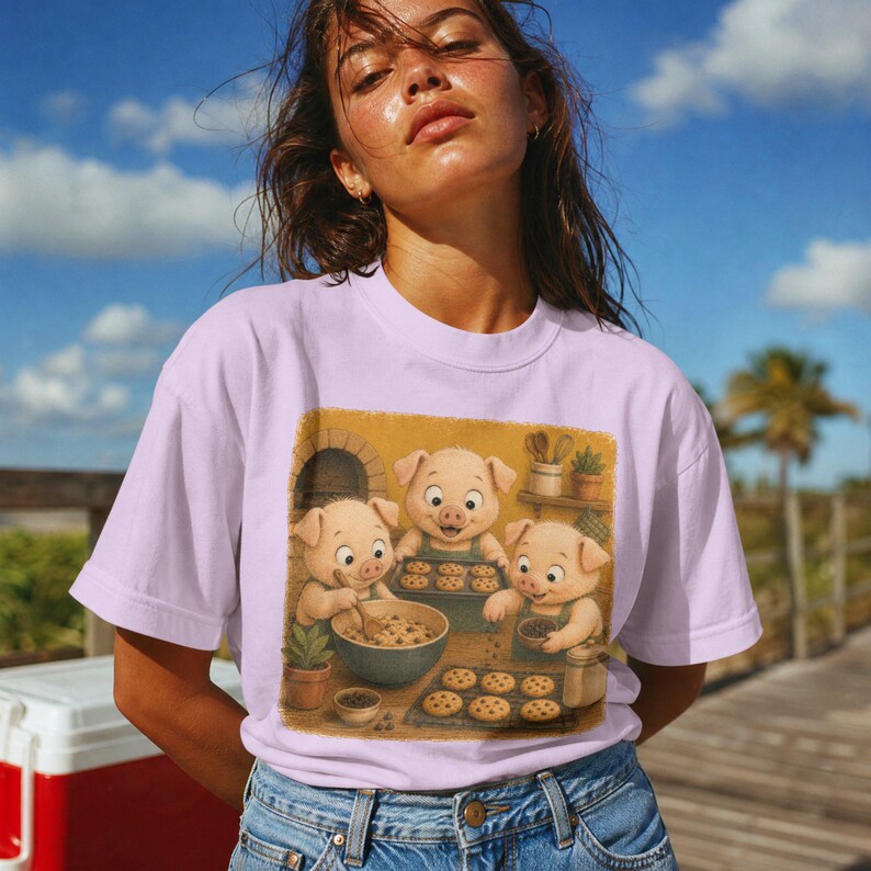 Piglet Baking Cookies T-Shirt, Cute Pig Baker Kitchen Graphic, Funny Farm Animal Tee, Comfort Colors® Baker Gift