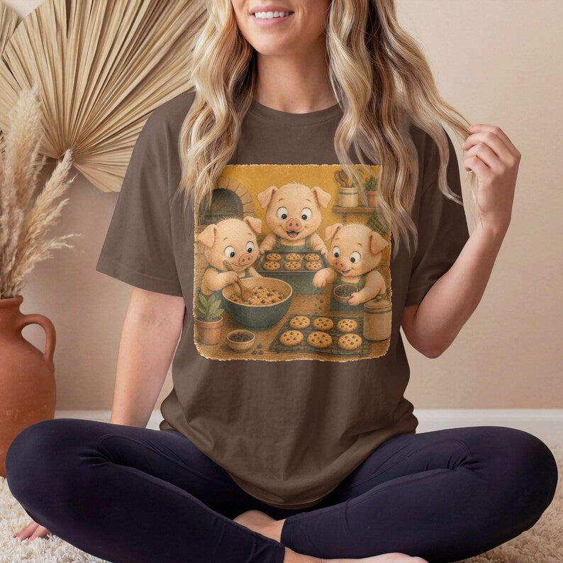 Piglet Baking Cookies T-Shirt, Cute Pig Baker Kitchen Graphic, Funny Farm Animal Tee, Comfort Colors® Baker Gift